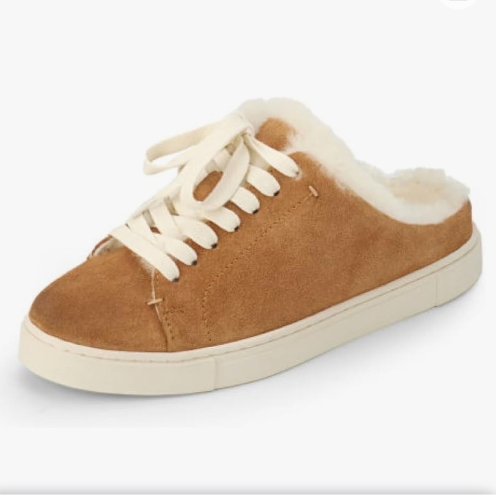 Frye Tan Suede Mules with Cream Laces